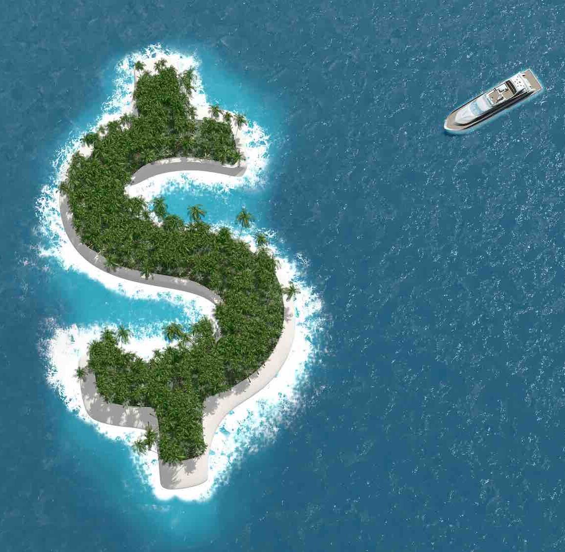 Tax haven, financial or wealth evasion on a dollar shaped island. A luxury boat is sailing to the island.